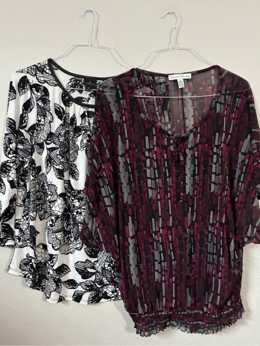 2 blouse lot Worthington white & black & Susan Graver Plum and Gray Sheer